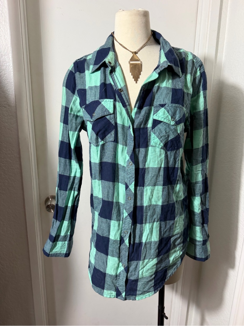 Arizona Jean Co. Mint and Navy Plaid Shirt